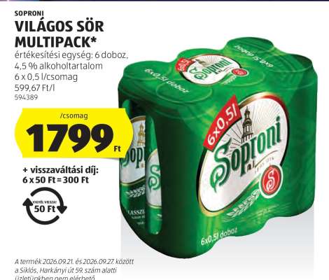 Soproni világos sör multipack