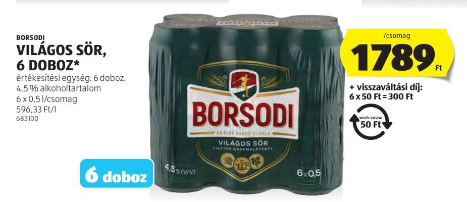 Borsodi Világos Sör, 6 doboz
