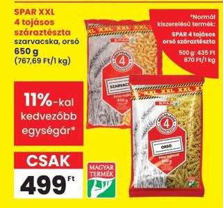 SPAR XXL 4 tojásos száraztészta szarvacska, orsó