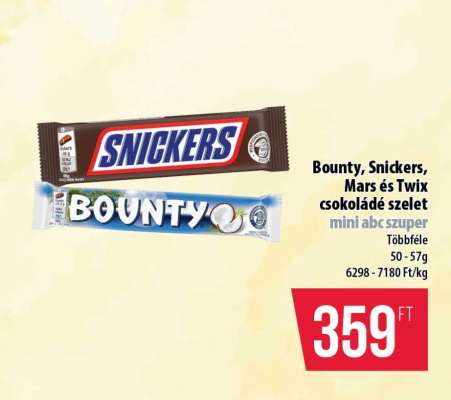 Bounty, Snickers, Mars és Twix csokoládé szelet