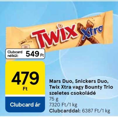Mars Duo, Snickers Duo, Twix Xtra vagy Bounty Trio szeletes csokoládé