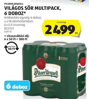Pilsner Urquell Világos Sör Multipack, 6 doboz