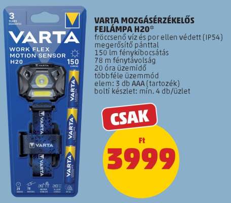 VARTA Mozgásérzékelős Fejlámpa H20