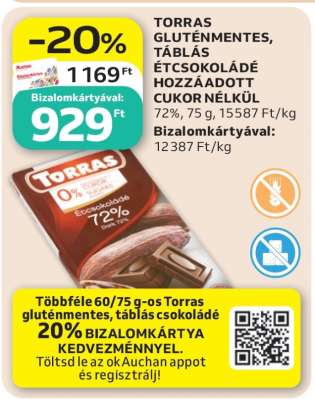 TORRAS GLUTÉNMENTES TÁBLÁS ÉTCSOKOLÁDÉ HOZZÁADOTT CUKOR NÉLKÜL