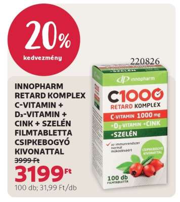 INNOPHARM RETARD KOMPLEX C-VITAMIN + D3-VITAMIN + CINK + SZELÉN FILMTABLETTA CSIPKEBOGYÓ KIVONATTAL