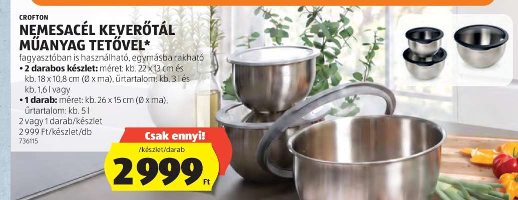CROFTON Nemesacél keverőtál műanyag tetővel
