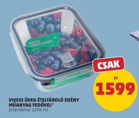VIVESS ÜVEG ÉTELTÁROLÓ EDÉNY MŰANYAG FEDŐVEL