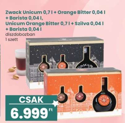 Zwack Unicum 0,7 l + Orange Bitter 0,04 l + Barista 0,04 l, Unicum Orange Bitter 0,7 l + Szilva 0,04 l + Barista 0,04 l