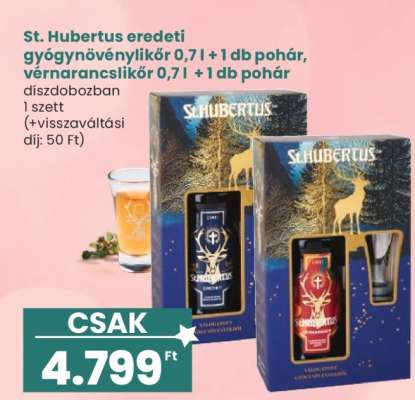 St. Hubertus eredeti gyógynövénylikőr 0,7 l + 1 db pohár, vérnarancslikőr 0,7 l + 1 db pohár