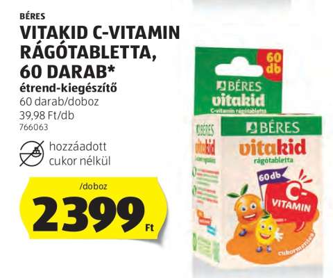 BÉRES VITAKID C-VITAMIN RÁGÓTABLETTA, 60 DARAB