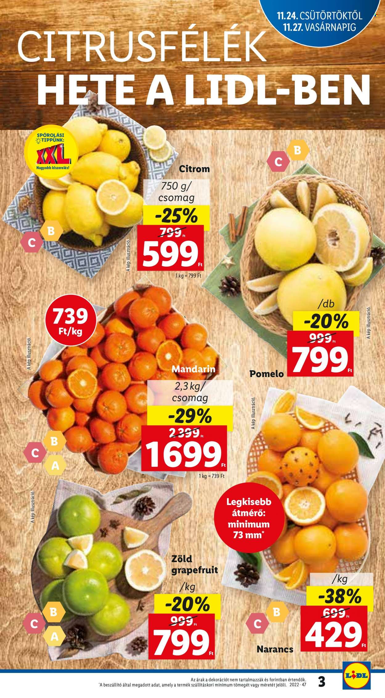 Lidl akciós újsága  - 2022.11.24 - 2022.11.30 - Akciós termékek - citrom, grépfrút, mandarin, pomelo, narancs.  3. Oldal
