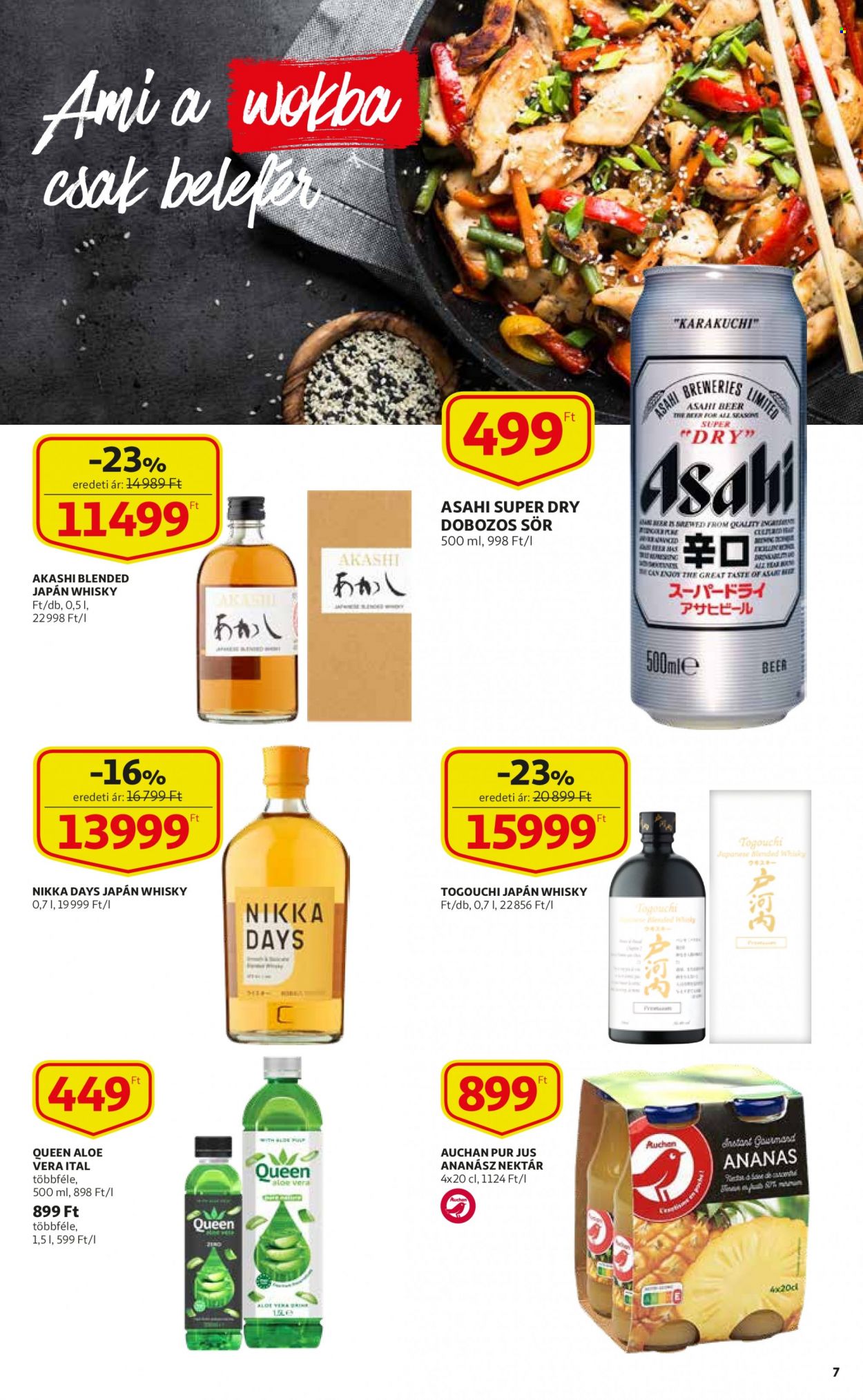 Auchan akciós újsága  - 2023.01.19 - 2023.02.01 - Akciós termékek - ananász, sör, dobozos sör, Asahi, Aloe vera, aloe vera ital, whisky, Pur.  7. Oldal
