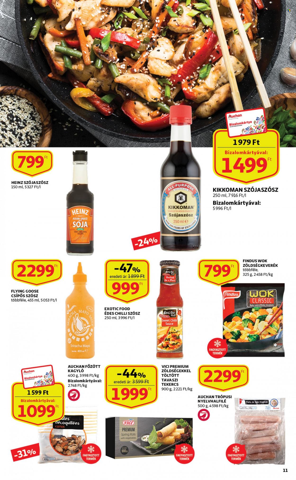 Auchan akciós újsága  - 2023.01.19 - 2023.02.01 - Akciós termékek - kagyló, Heinz, zöldségkeverék, sriracha, szójaszósz, chiliszósz.  11. Oldal